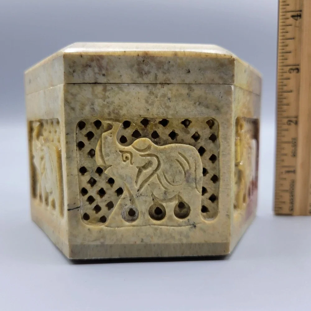 Vintage Carved Soapstone Hinged Trinket Box Trunk Up Elephant Hexagon Box